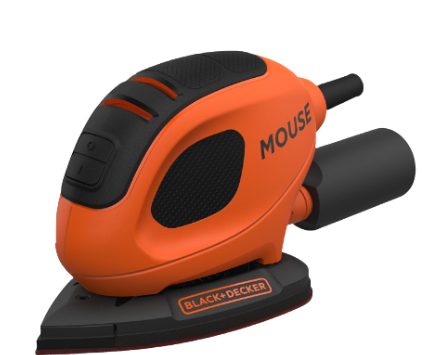 Orange and Black Black+Decker mouse sander with a tear drop shaped sanding bit.