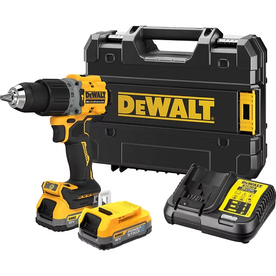 Black, silver, yellow DEWALT DCD805E2T-GB 18V XR Cordless Compact Brushless Hammer Drill Driver with battery and battery charger